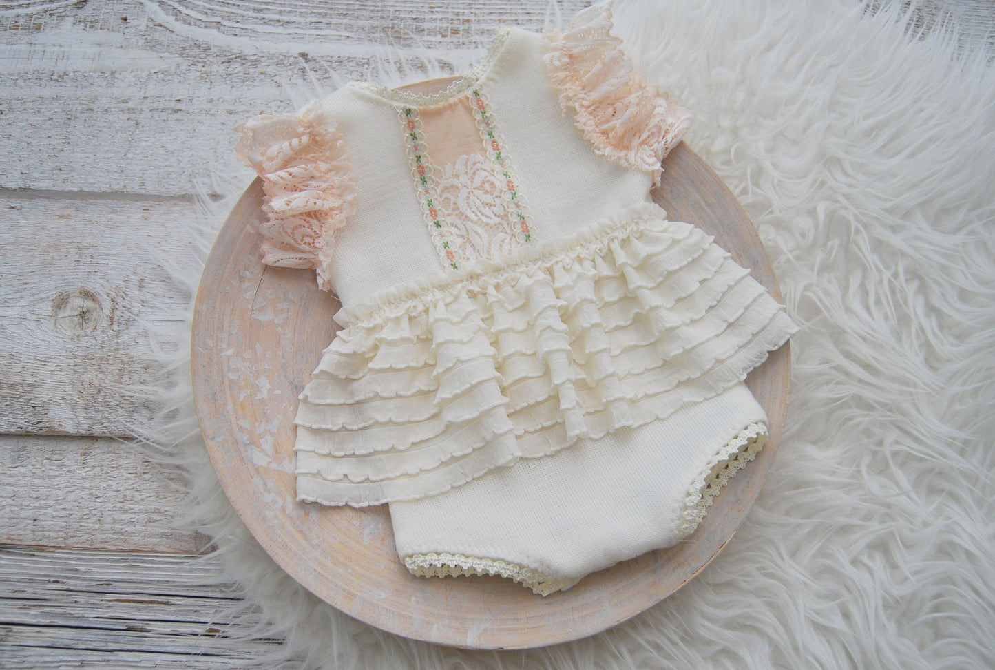 Newborn romper photo prop with lace and ruffles for first photo shoot, ivory peach baby girl dress