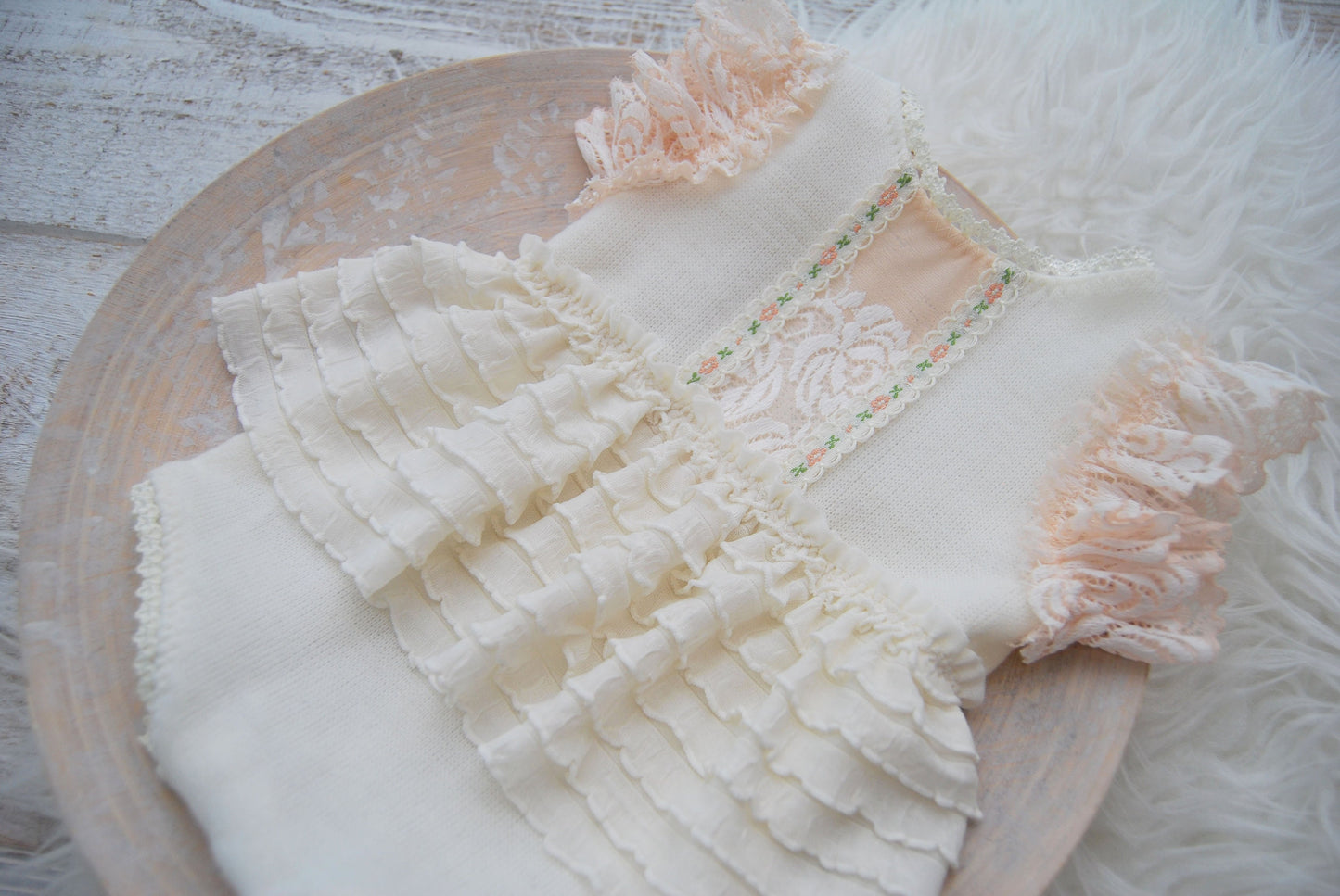 Newborn romper photo prop with lace and ruffles for first photo shoot, ivory peach baby girl dress