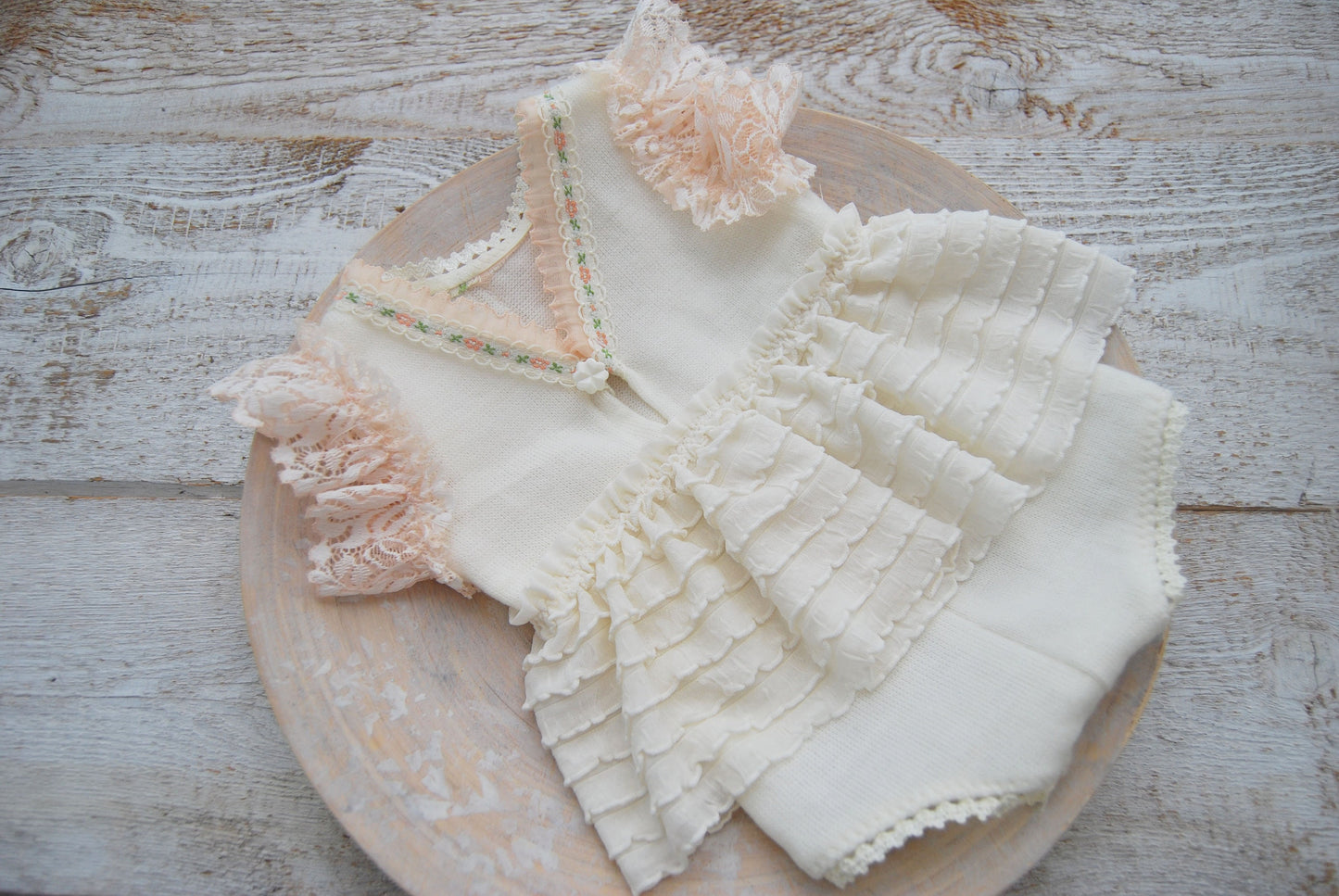 Newborn romper photo prop with lace and ruffles for first photo shoot, ivory peach baby girl dress