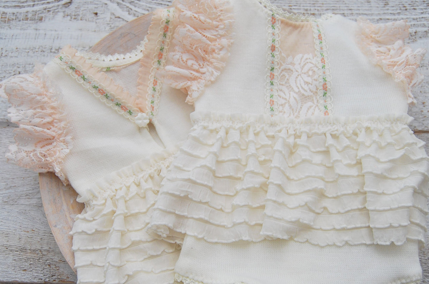 Newborn romper photo prop with lace and ruffles for first photo shoot, ivory peach baby girl dress