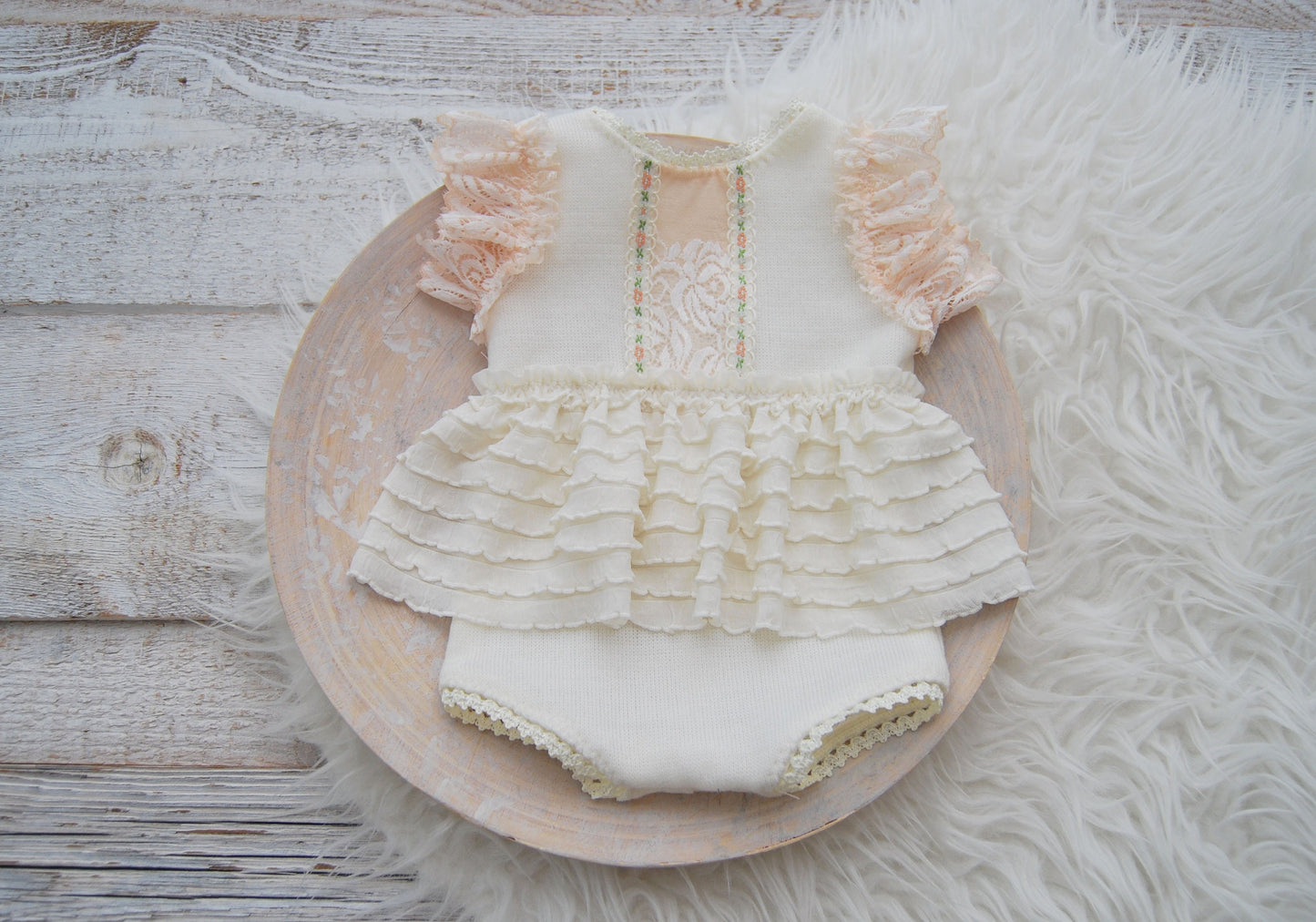 Newborn romper photo prop with lace and ruffles for first photo shoot, ivory peach baby girl dress