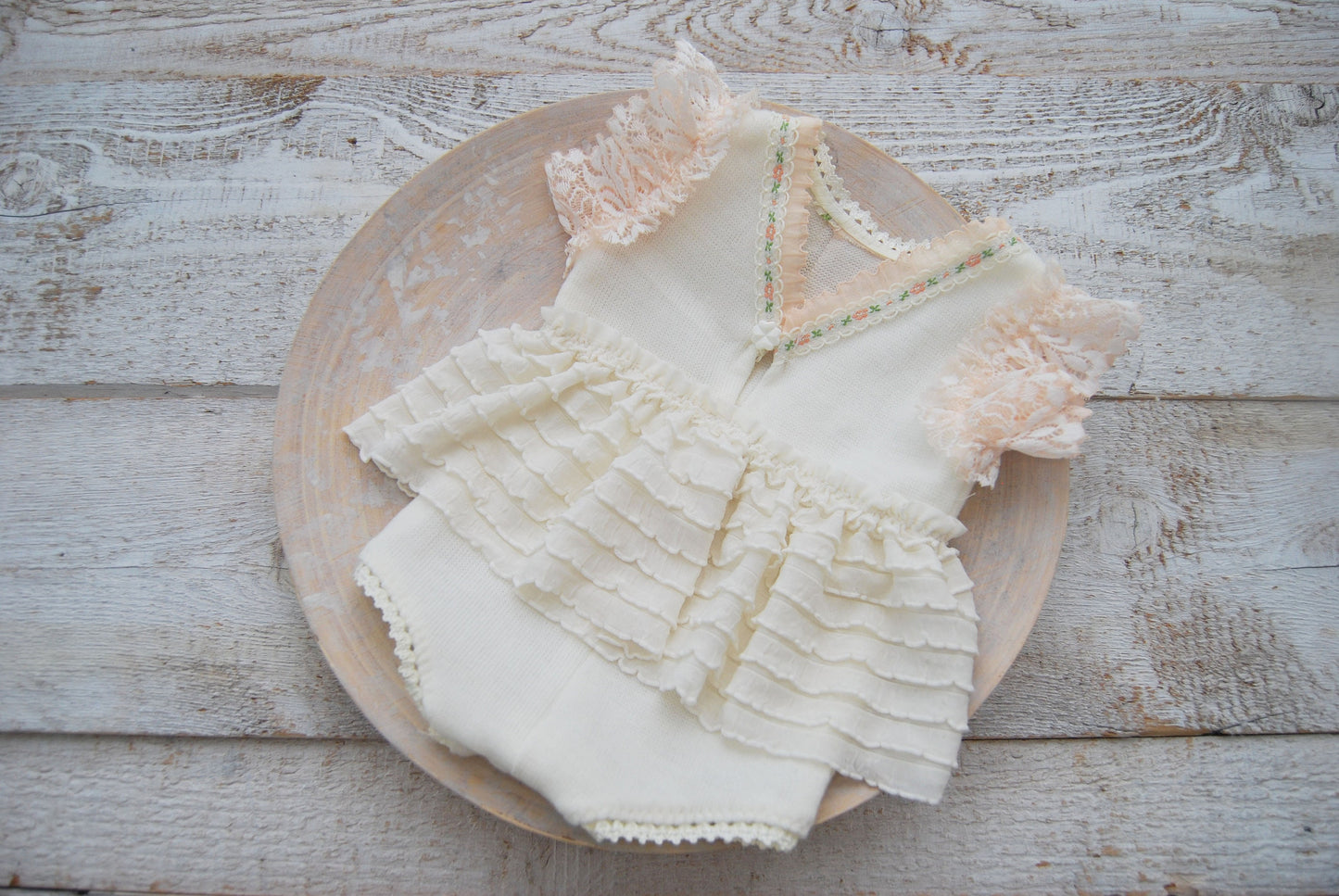 Newborn romper photo prop with lace and ruffles for first photo shoot, ivory peach baby girl dress