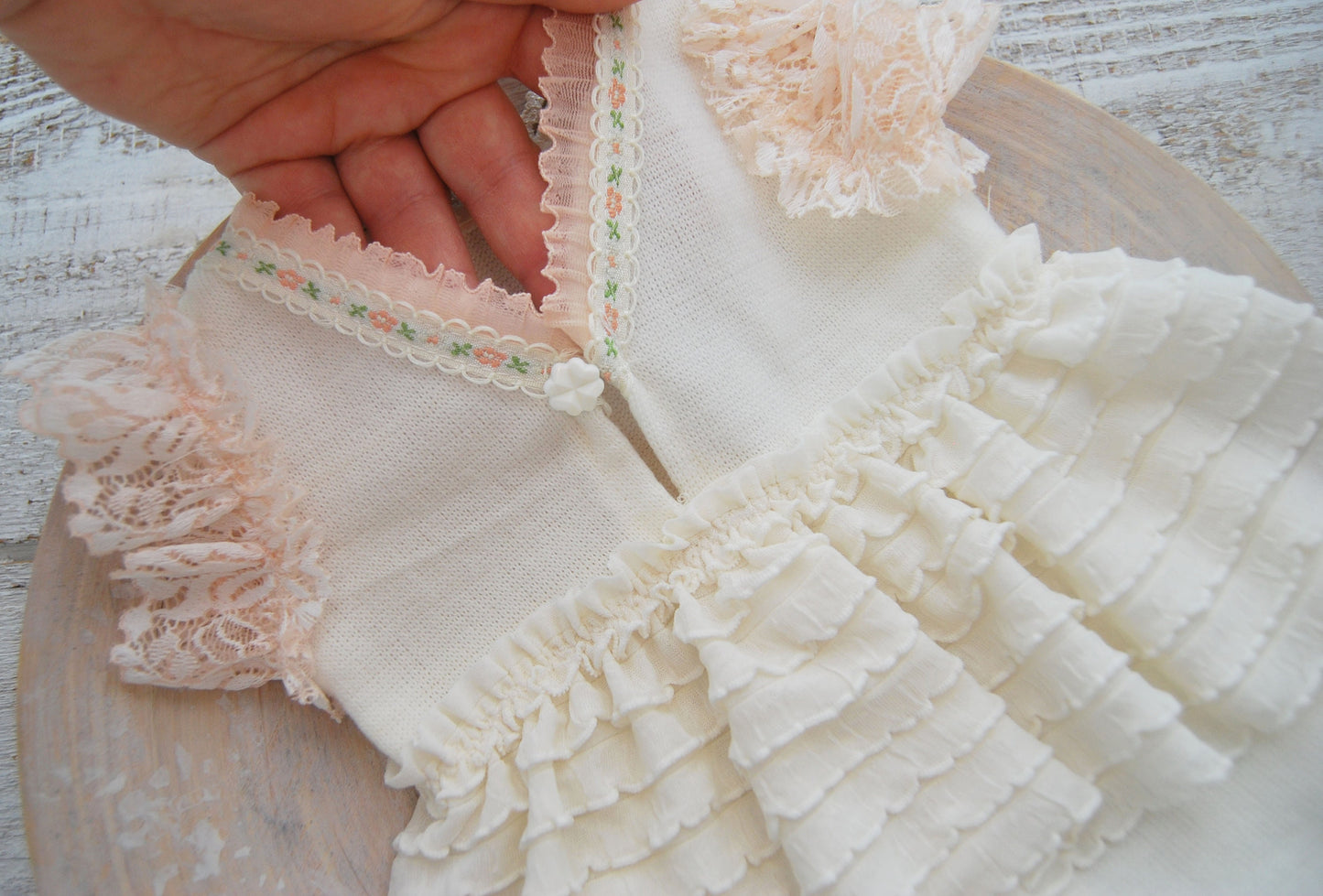 Newborn romper photo prop with lace and ruffles for first photo shoot, ivory peach baby girl dress