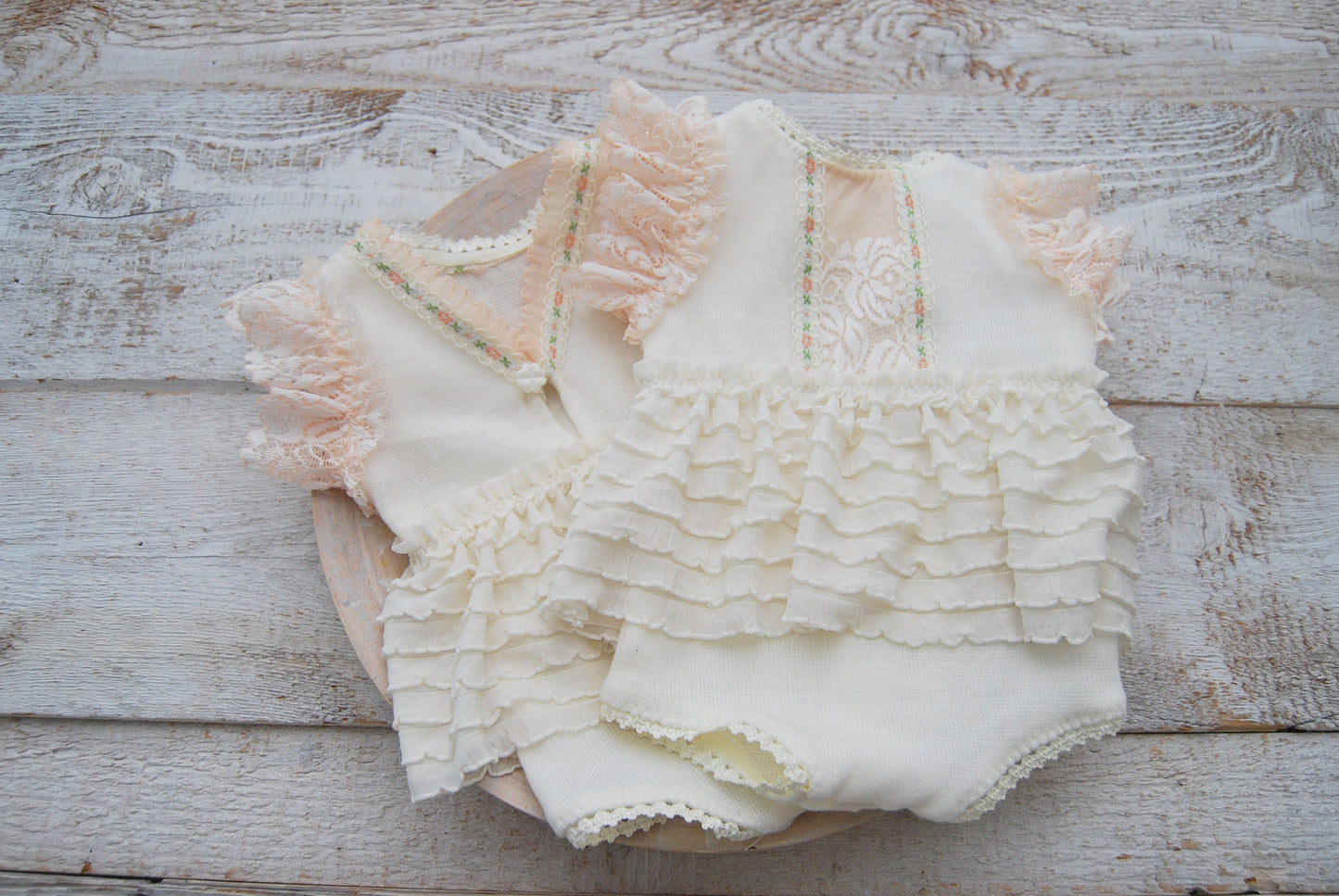 Newborn romper photo prop with lace and ruffles for first photo shoot, ivory peach baby girl dress