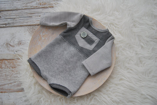 Gray newborn photo prop romper, baby boy photography outfit neutral gray color