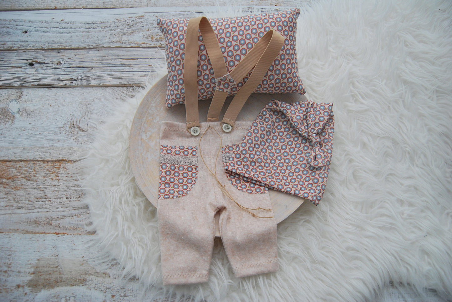 Photo prop newborn boy set: suspender pants, baby hat & posing pillow, neutral props