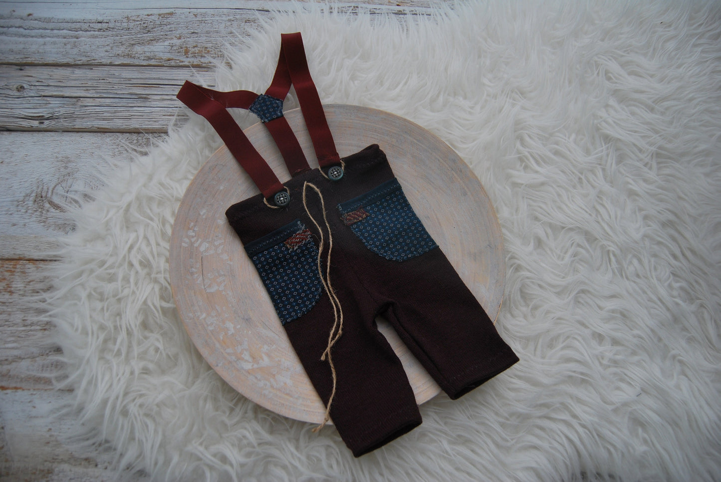 Newborn boy set: suspender pants, sleepy hat and posing pillow; burgundy blue baby boy outfit