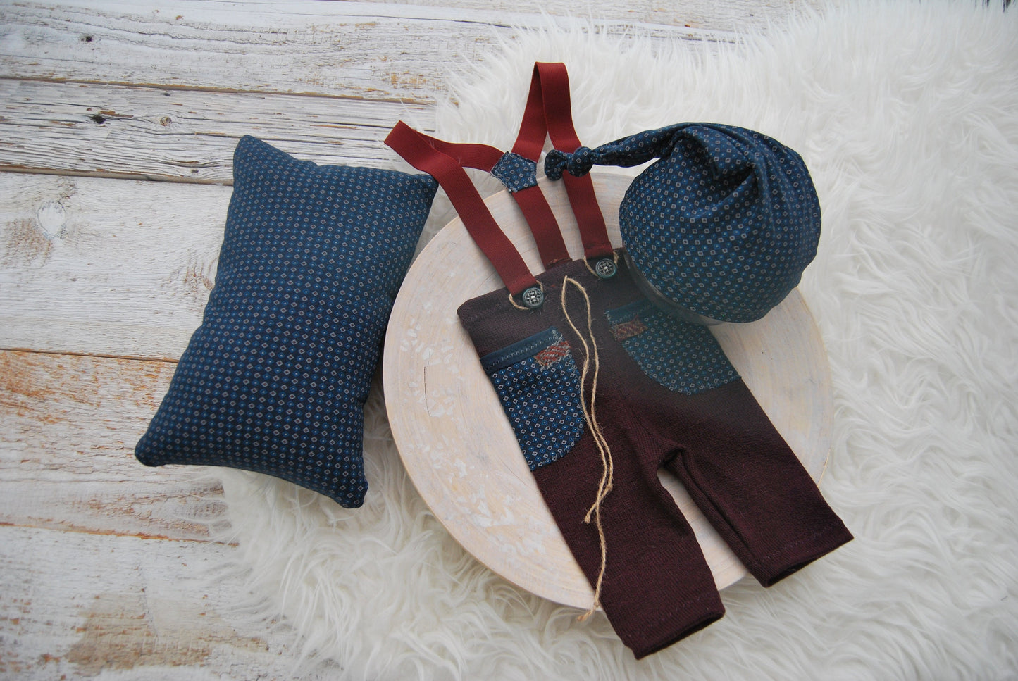 Newborn boy set: suspender pants, sleepy hat and posing pillow; burgundy blue baby boy outfit