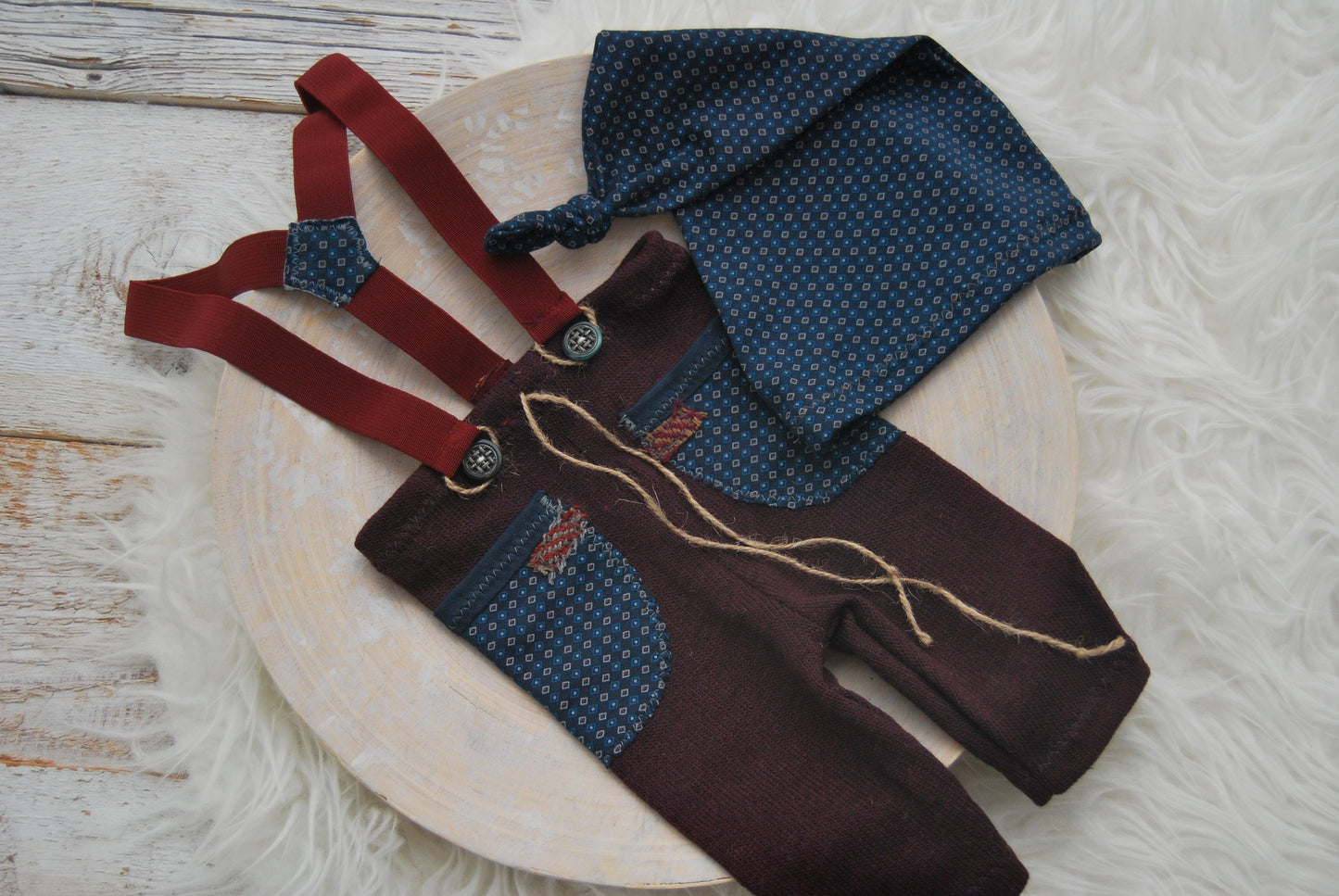 Newborn boy set: suspender pants, sleepy hat and posing pillow; burgundy blue baby boy outfit