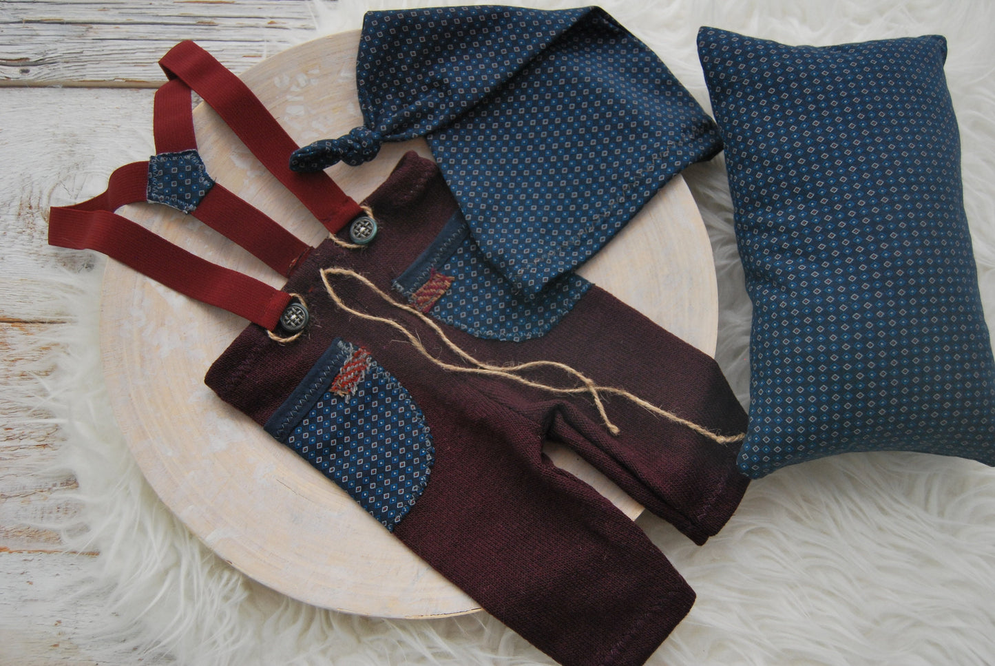 Newborn boy set: suspender pants, sleepy hat and posing pillow; burgundy blue baby boy outfit