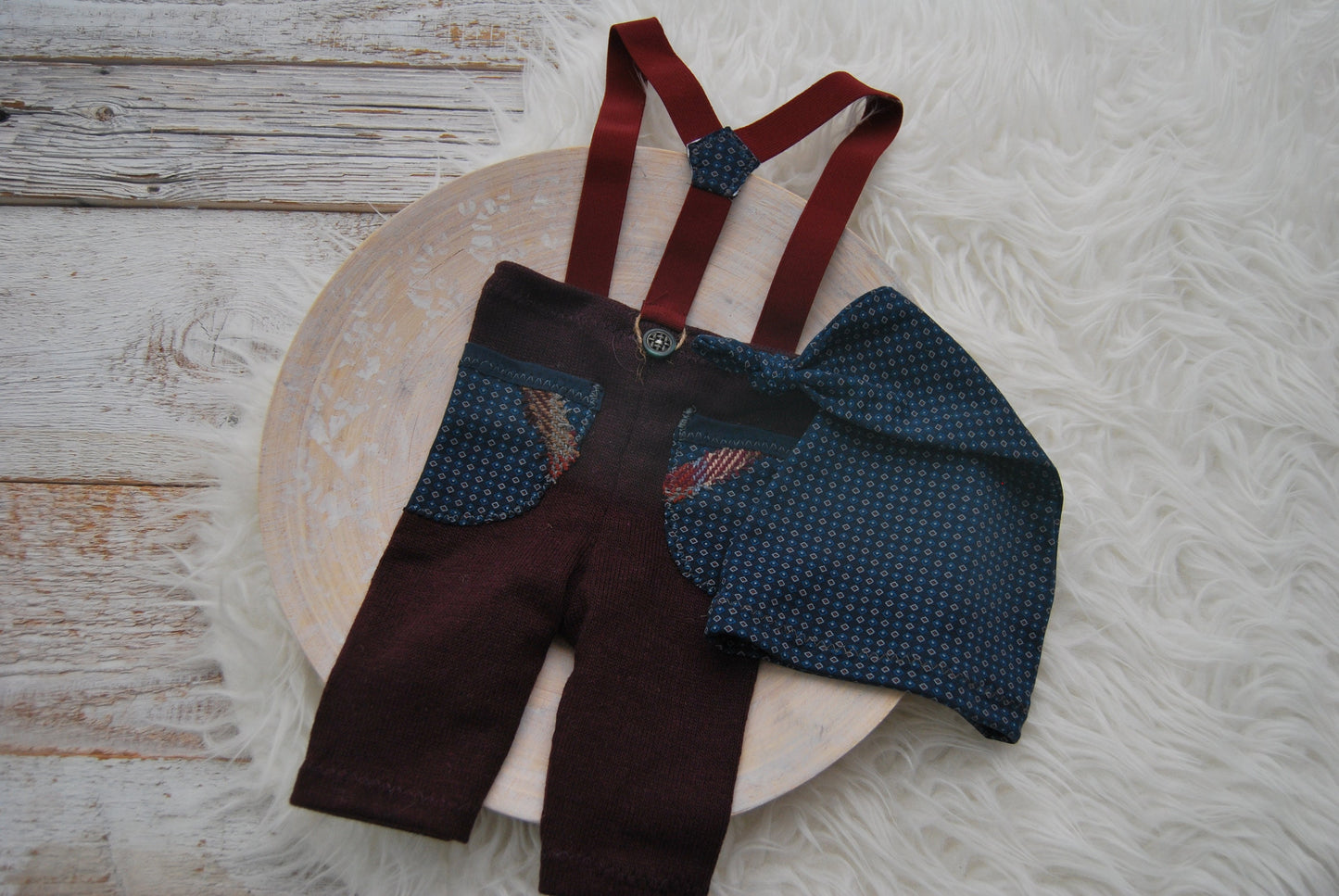 Newborn boy set: suspender pants, sleepy hat and posing pillow; burgundy blue baby boy outfit