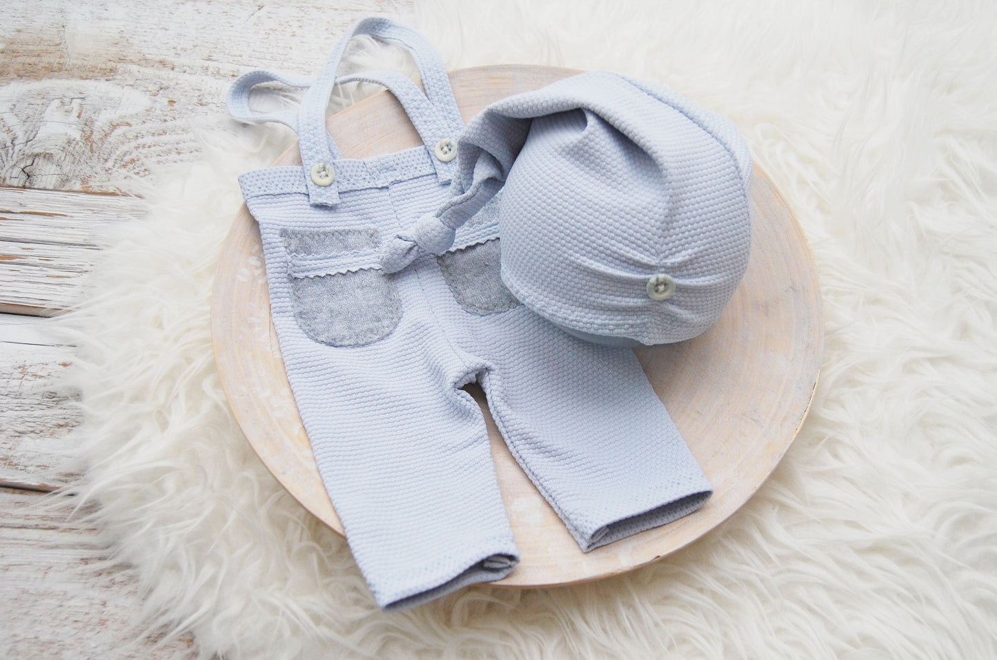 SITTER boy photo prop set: suspender pants & sleepy knot hat, light blue baby boy outfit