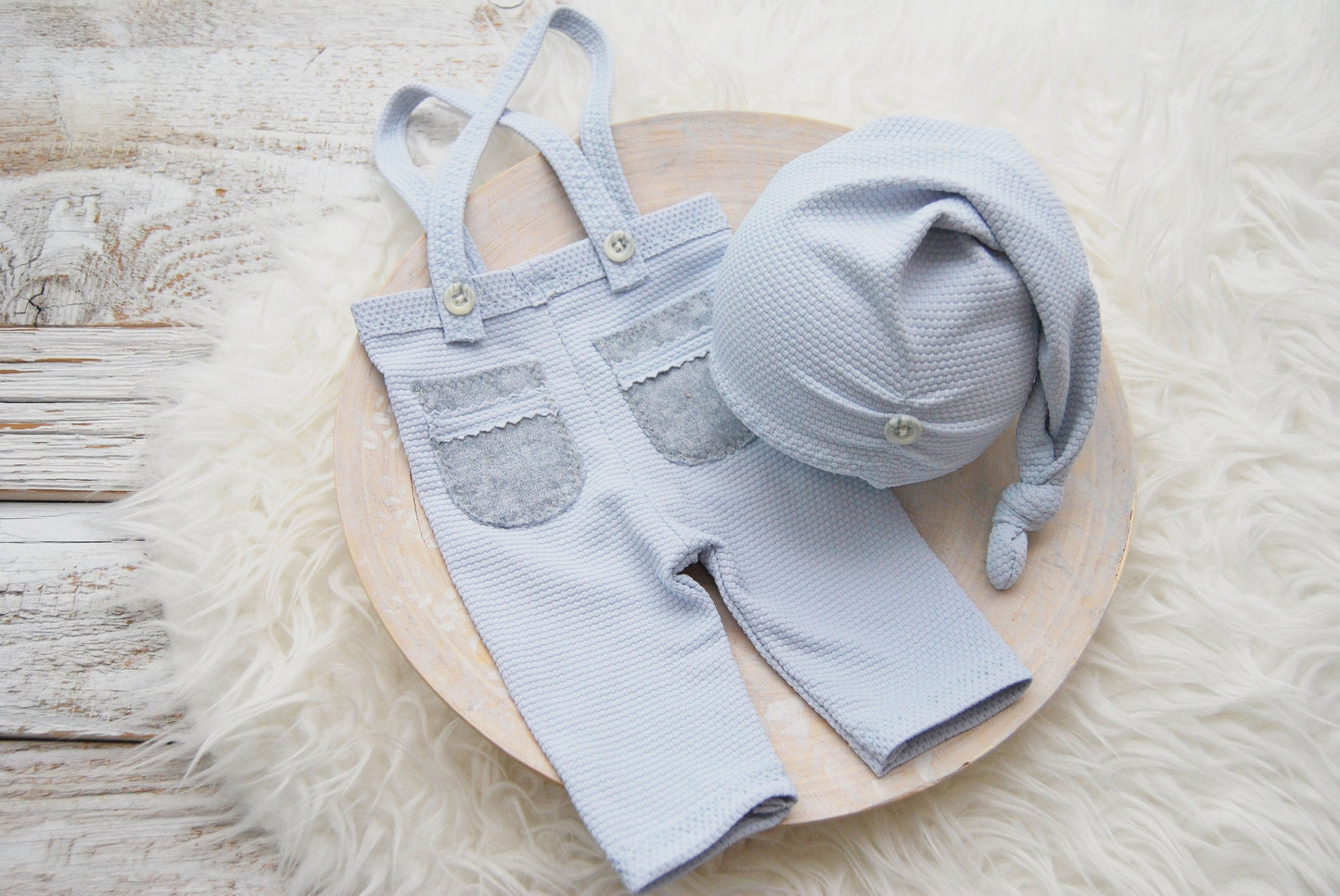 SITTER boy photo prop set: suspender pants & sleepy knot hat, light blue baby boy outfit