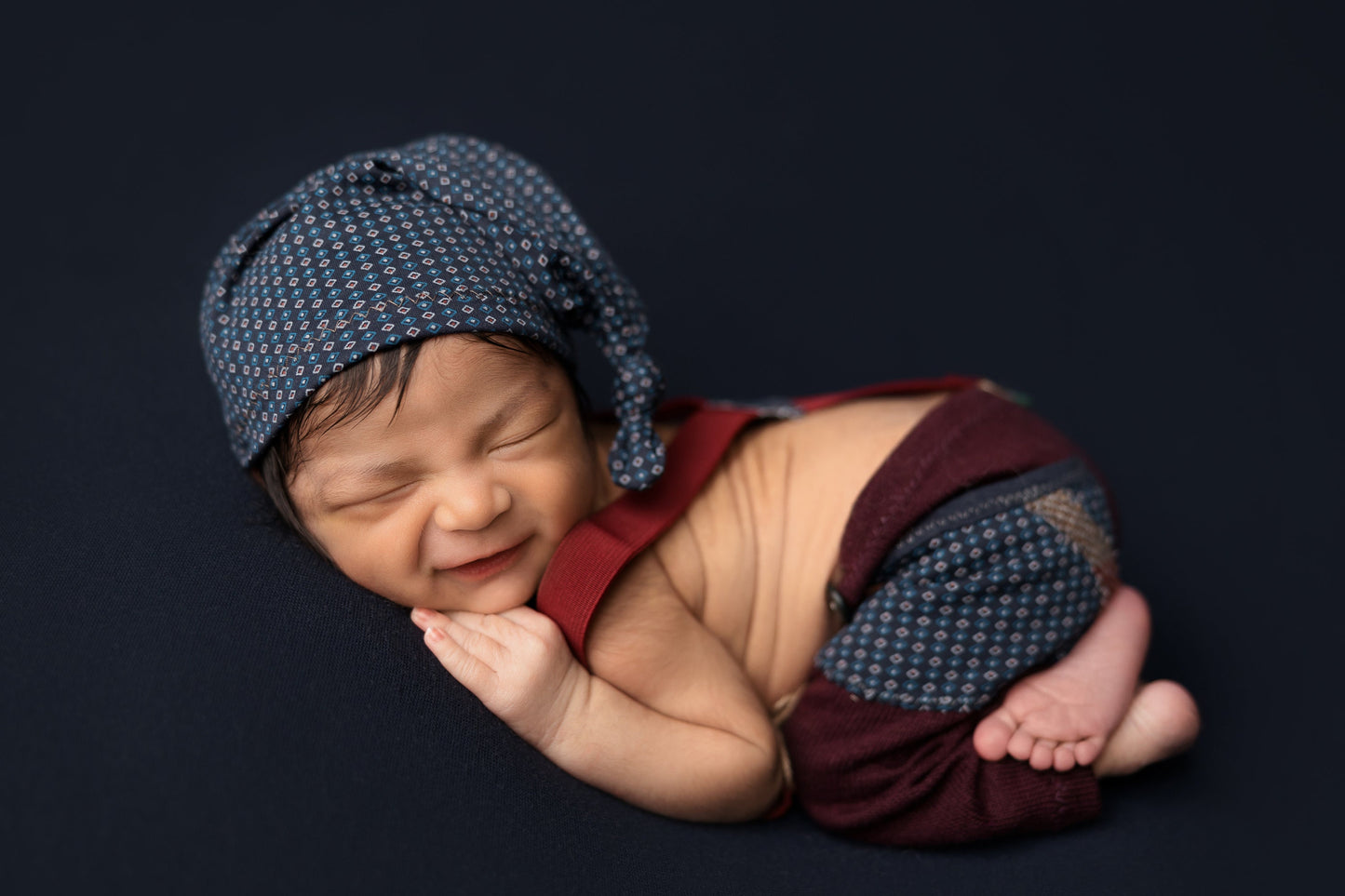 Newborn boy set: suspender pants, sleepy hat and posing pillow; burgundy blue baby boy outfit