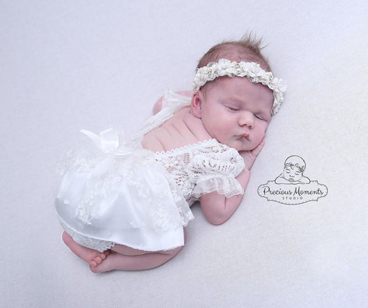 Newborn romper photo prop, white lace romper for baby girl photo shoot, photography prop romper