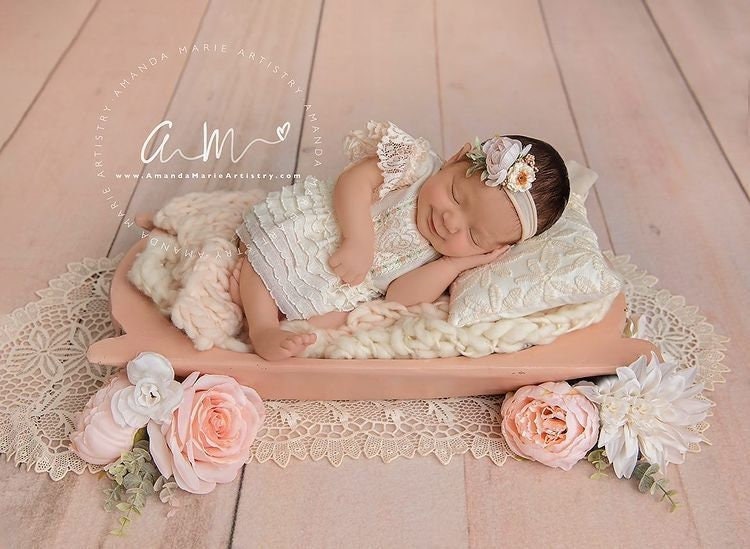 Newborn romper photo prop with lace and ruffles for first photo shoot, ivory peach baby girl dress