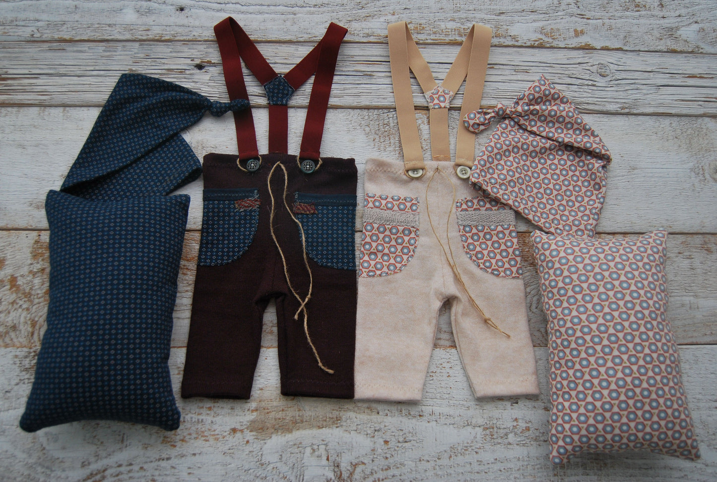 Newborn boy set: suspender pants, sleepy hat and posing pillow; burgundy blue baby boy outfit