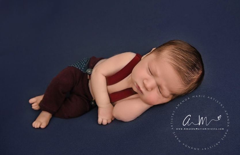 Newborn boy set: suspender pants, sleepy hat and posing pillow; burgundy blue baby boy outfit