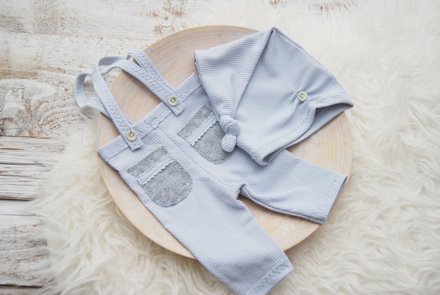 SITTER boy photo prop set: suspender pants & sleepy knot hat, light blue baby boy outfit