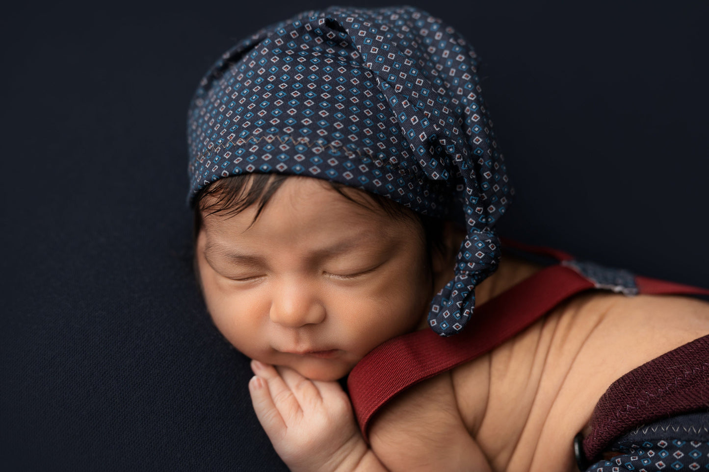 Newborn boy set: suspender pants, sleepy hat and posing pillow; burgundy blue baby boy outfit