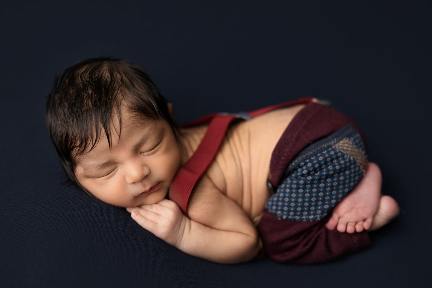 Newborn boy set: suspender pants, sleepy hat and posing pillow; burgundy blue baby boy outfit