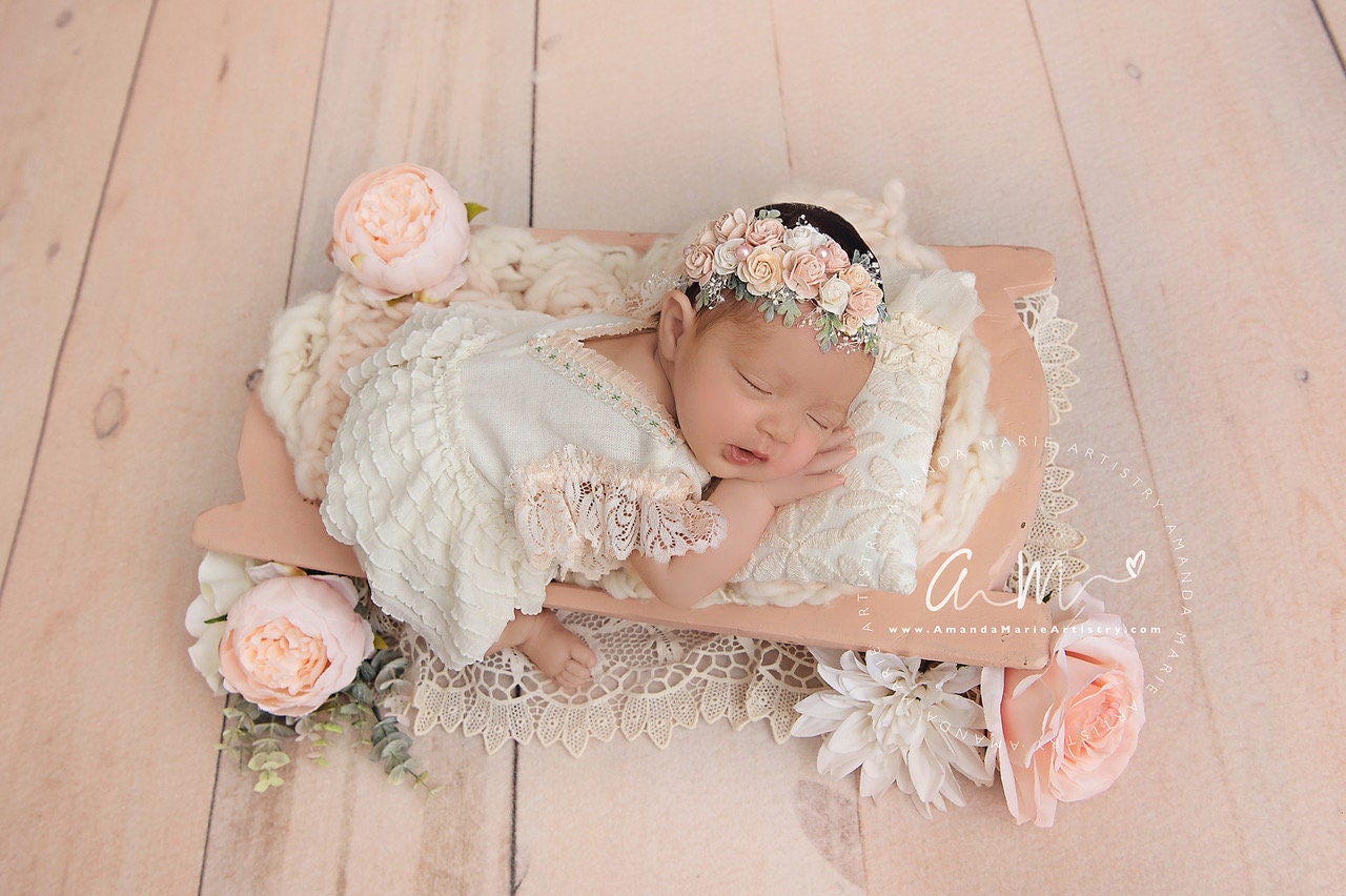 Newborn romper photo prop with lace and ruffles for first photo shoot, ivory peach baby girl dress