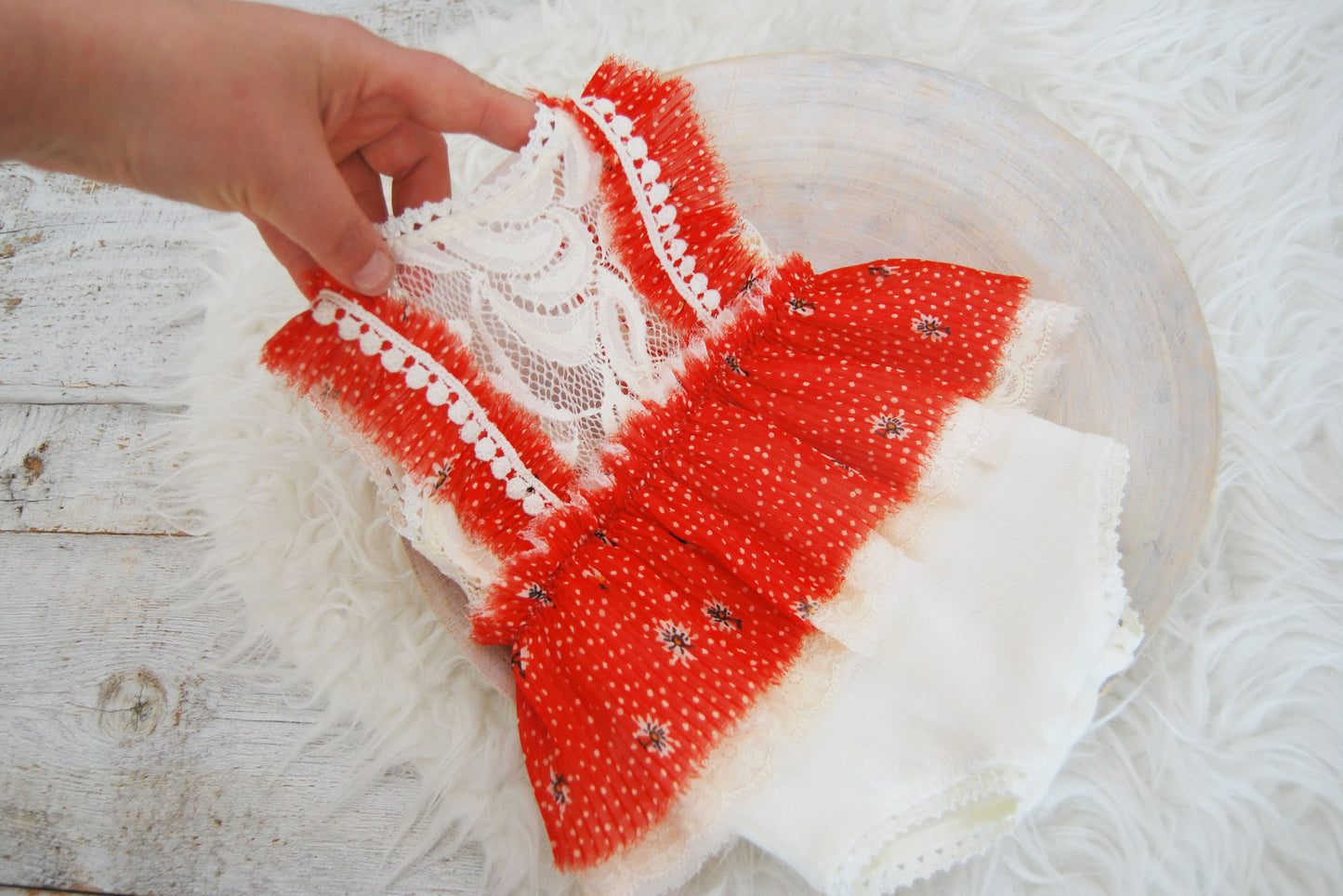 Newborn photography romper for baby girls; ruffled romper in red and white colors; newborn photo prop outfit