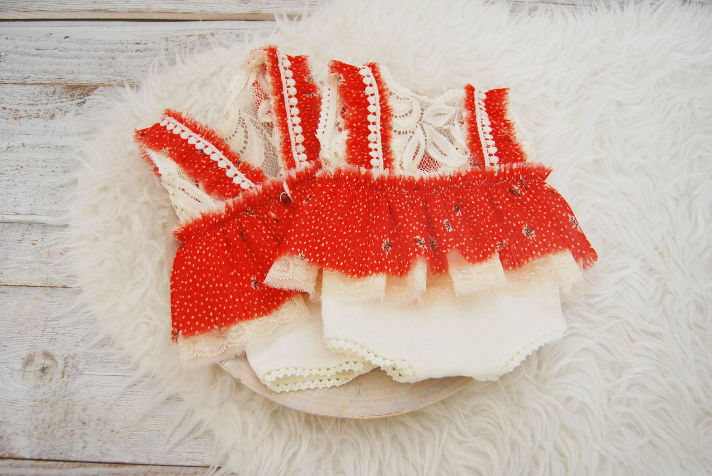 Newborn photography romper for baby girls; ruffled romper in red and white colors; newborn photo prop outfit