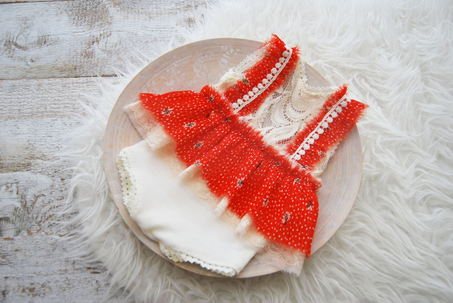 Newborn photography romper for baby girls; ruffled romper in red and white colors; newborn photo prop outfit