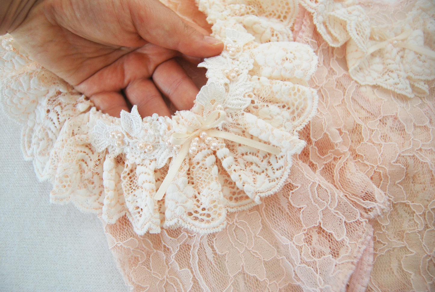 Lace newborn romper photography prop, peach ruffled romper with pearls for newborn baby girl first photo shoot