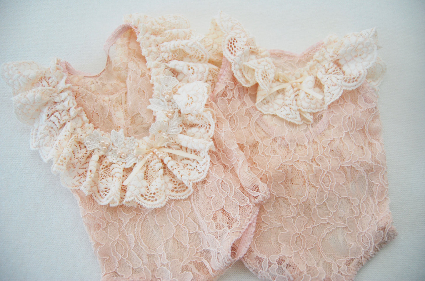 Lace newborn romper photography prop, peach ruffled romper with pearls for newborn baby girl first photo shoot