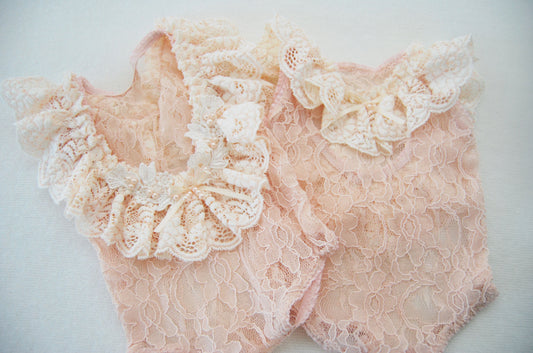 Lace newborn romper photography prop, peach ruffled romper with pearls for newborn baby girl first photo shoot