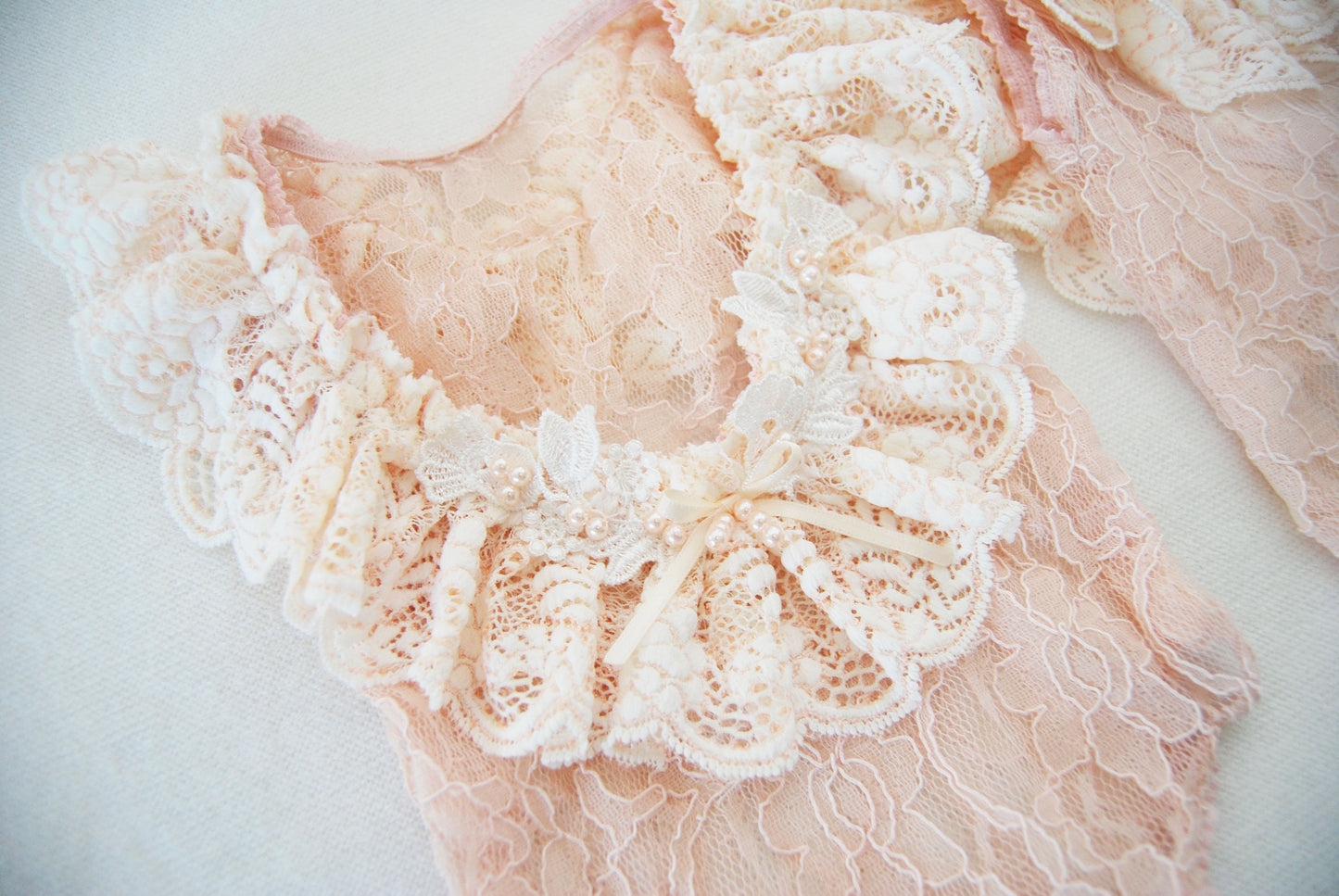 Lace newborn romper photography prop, peach ruffled romper with pearls for newborn baby girl first photo shoot