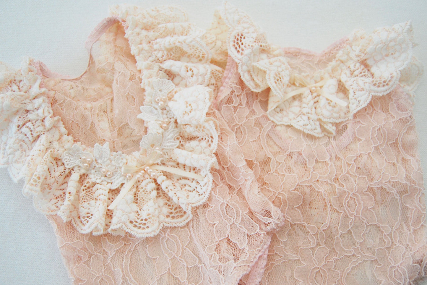 Lace newborn romper photography prop, peach ruffled romper with pearls for newborn baby girl first photo shoot