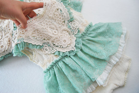 Boho baby girl photoshoot outfit, SITTER photo prop romper with lace and ruffles, lace baby girl romper