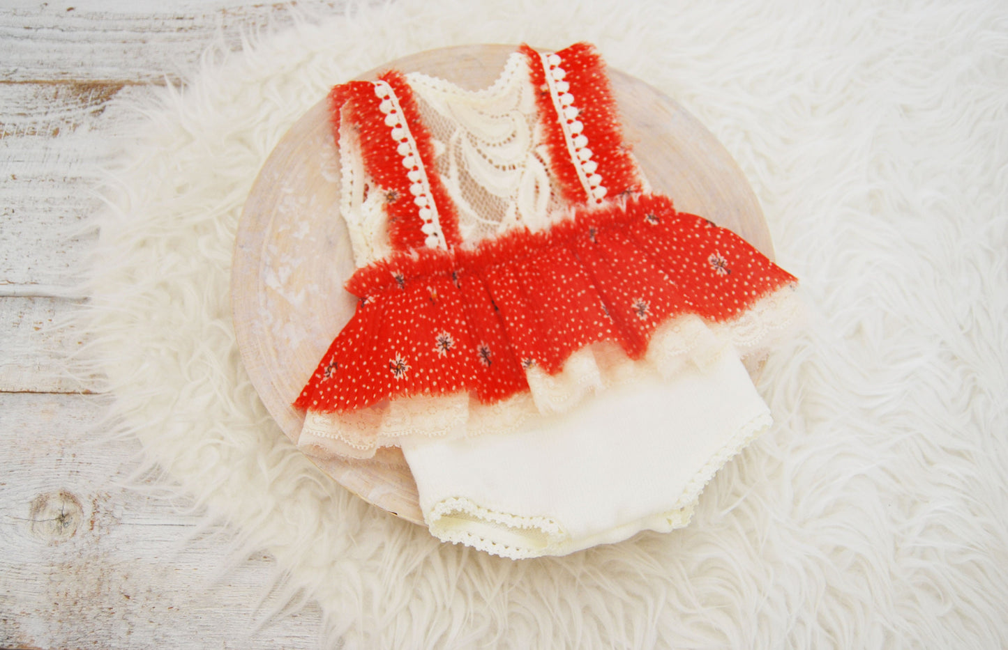 Newborn photography romper for baby girls; ruffled romper in red and white colors; newborn photo prop outfit