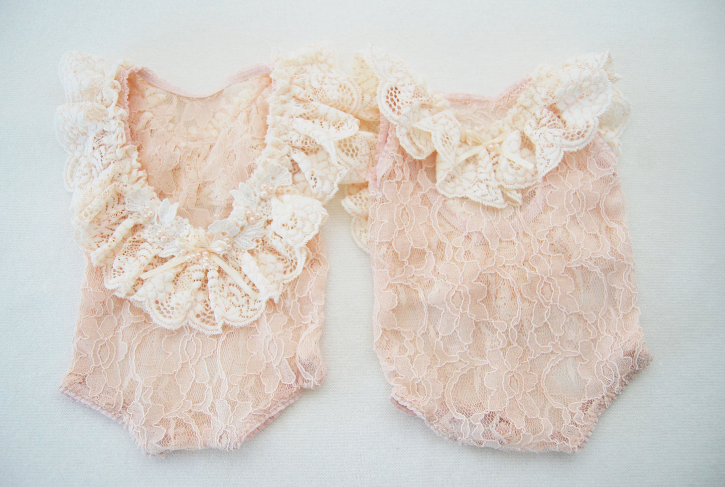 Lace newborn romper photography prop, peach ruffled romper with pearls for newborn baby girl first photo shoot