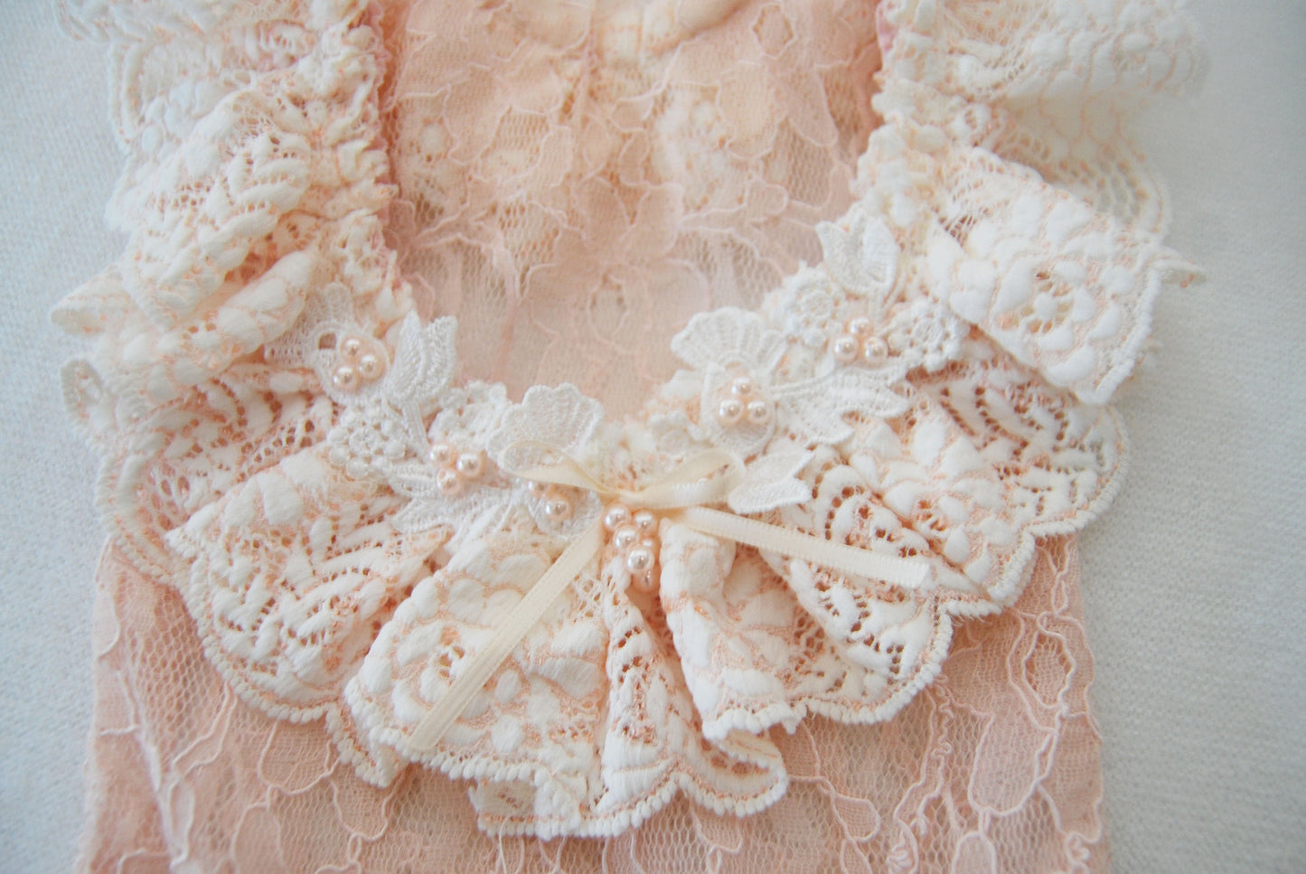 Lace newborn romper photography prop, peach ruffled romper with pearls for newborn baby girl first photo shoot