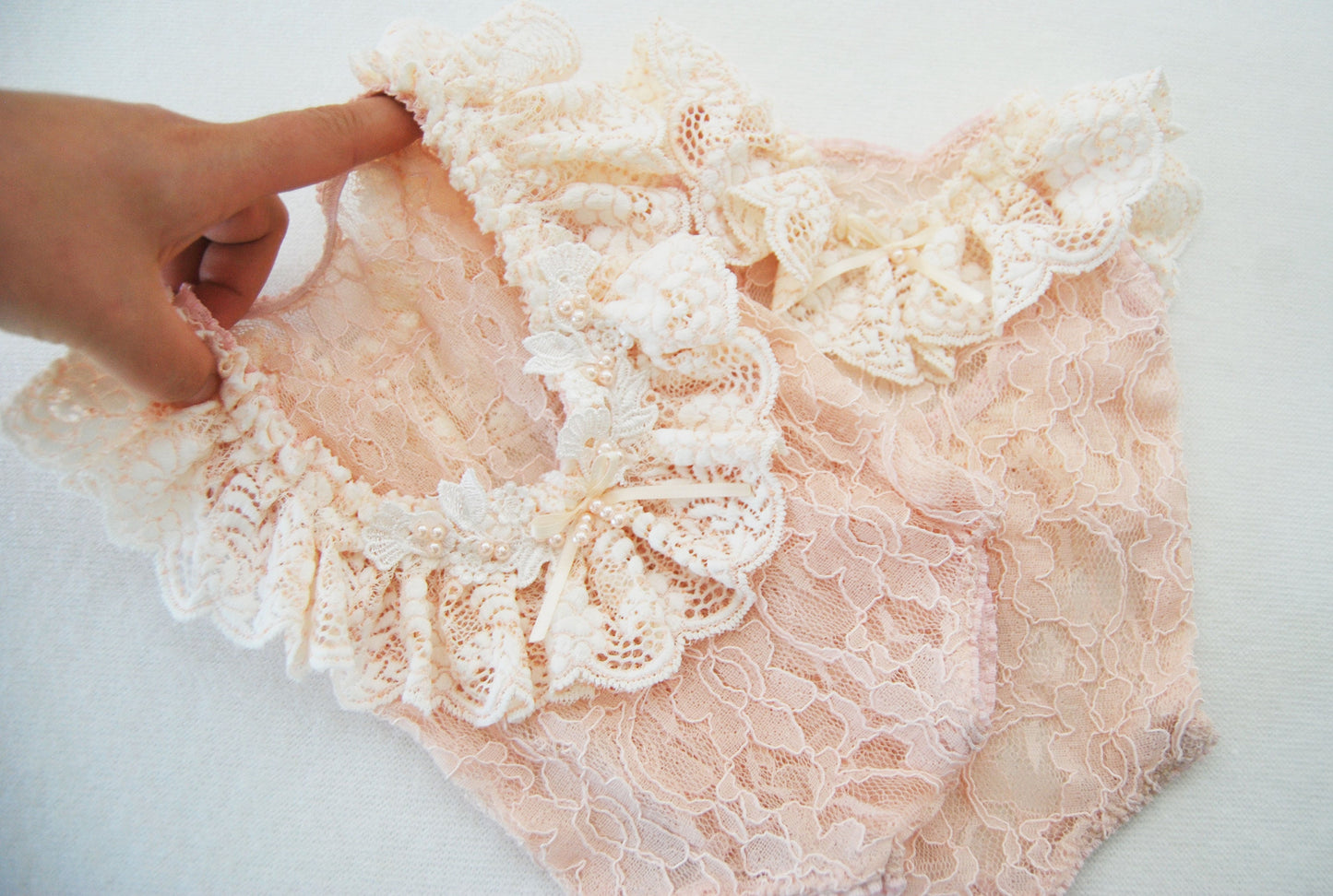 Lace newborn romper photography prop, peach ruffled romper with pearls for newborn baby girl first photo shoot