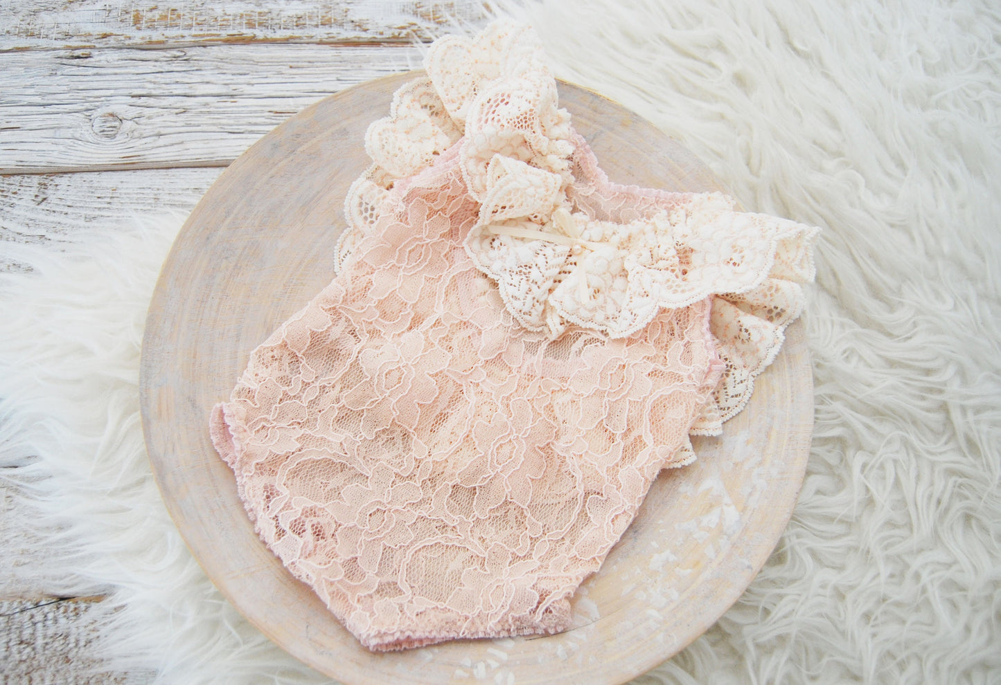 Lace newborn romper photography prop, peach ruffled romper with pearls for newborn baby girl first photo shoot