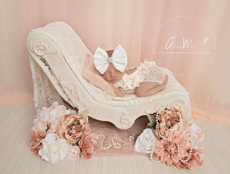 Lace newborn romper photography prop, peach ruffled romper with pearls for newborn baby girl first photo shoot