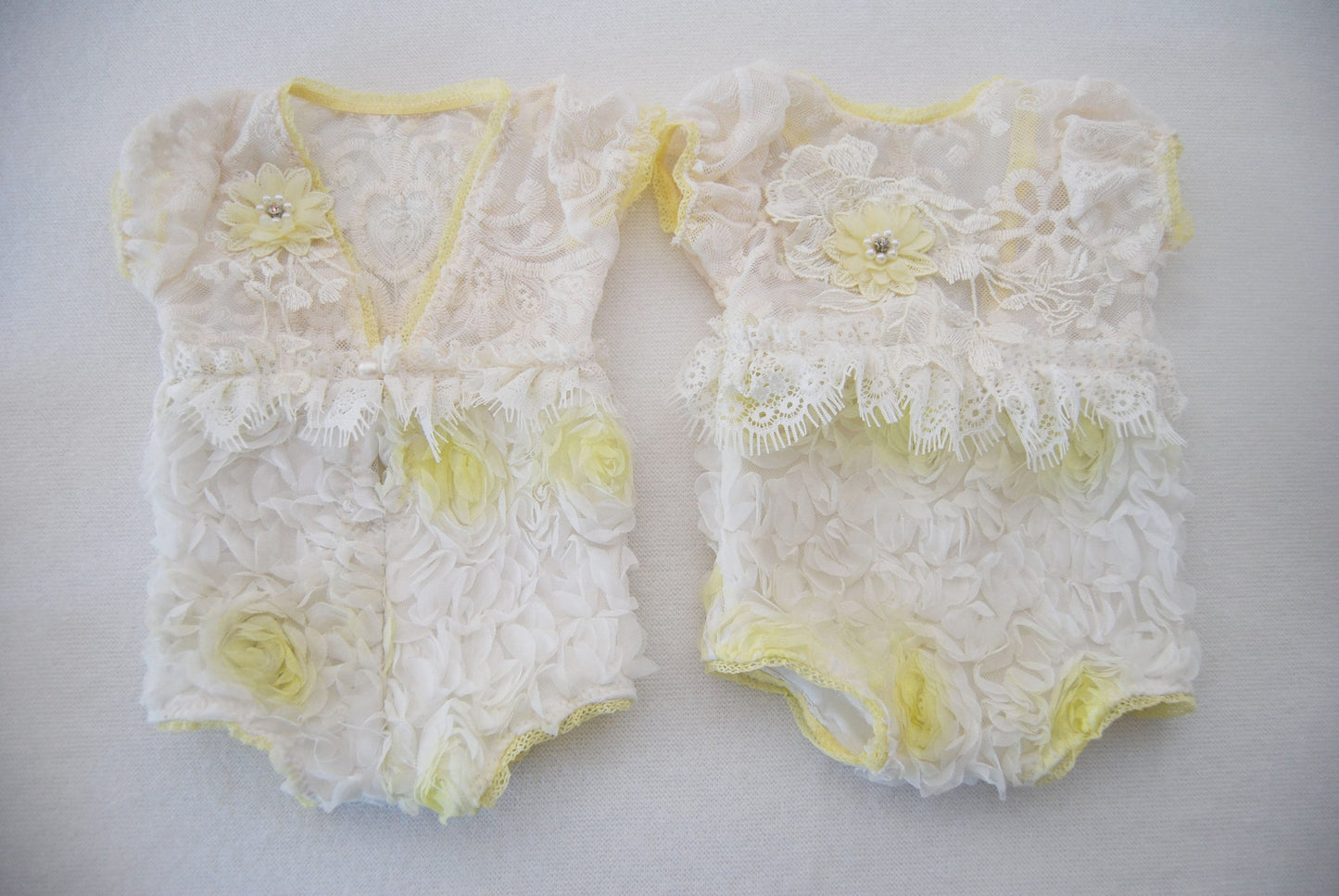 Newborn photo prop - Lace newborn romper for baby girl photography, white and yellow ruffled romper, first photo shoot outfit baby girl