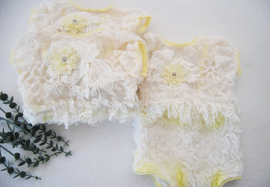 Newborn photo prop - Lace newborn romper for baby girl photography, white and yellow ruffled romper, first photo shoot outfit baby girl