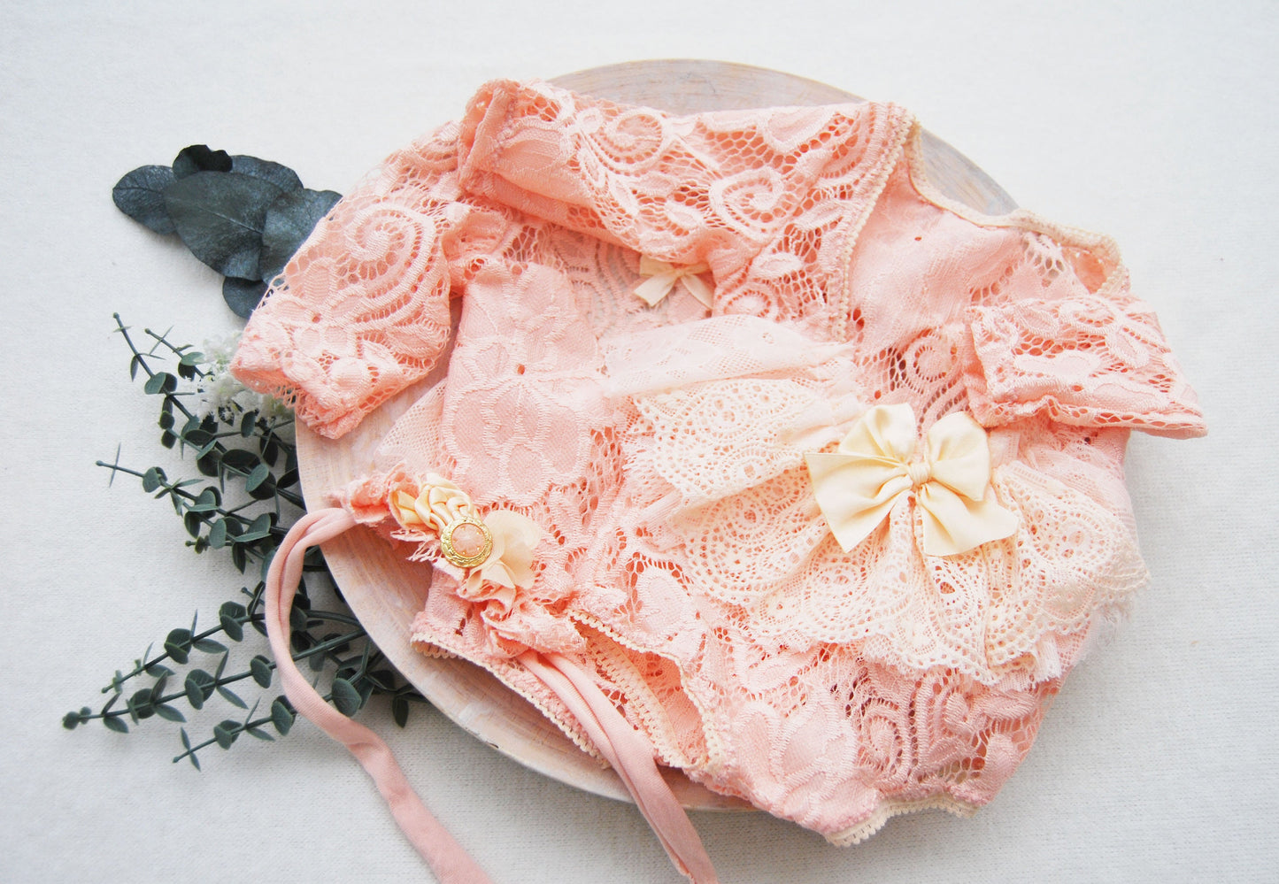 Newborn romper and headband set photo prop - lace baby romper - coral pink