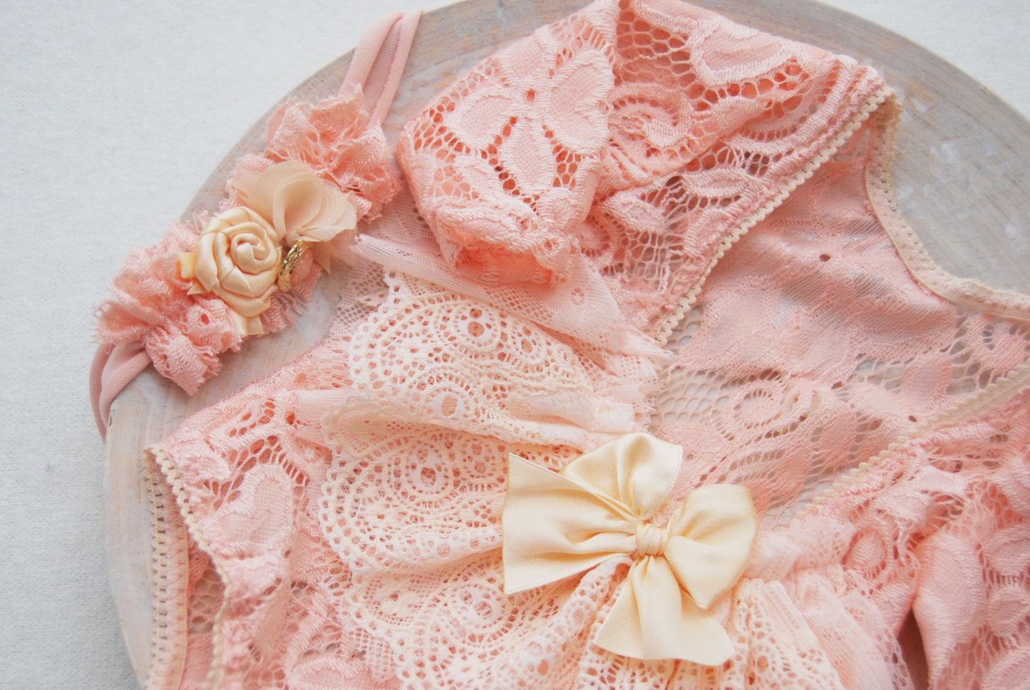 Newborn romper and headband set photo prop - lace baby romper - coral pink