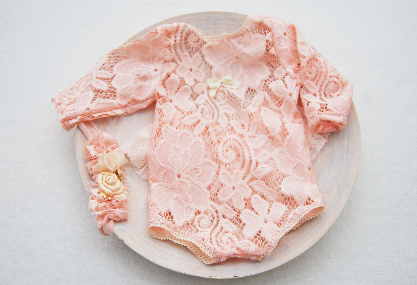 Newborn romper and headband set photo prop - lace baby romper - coral pink