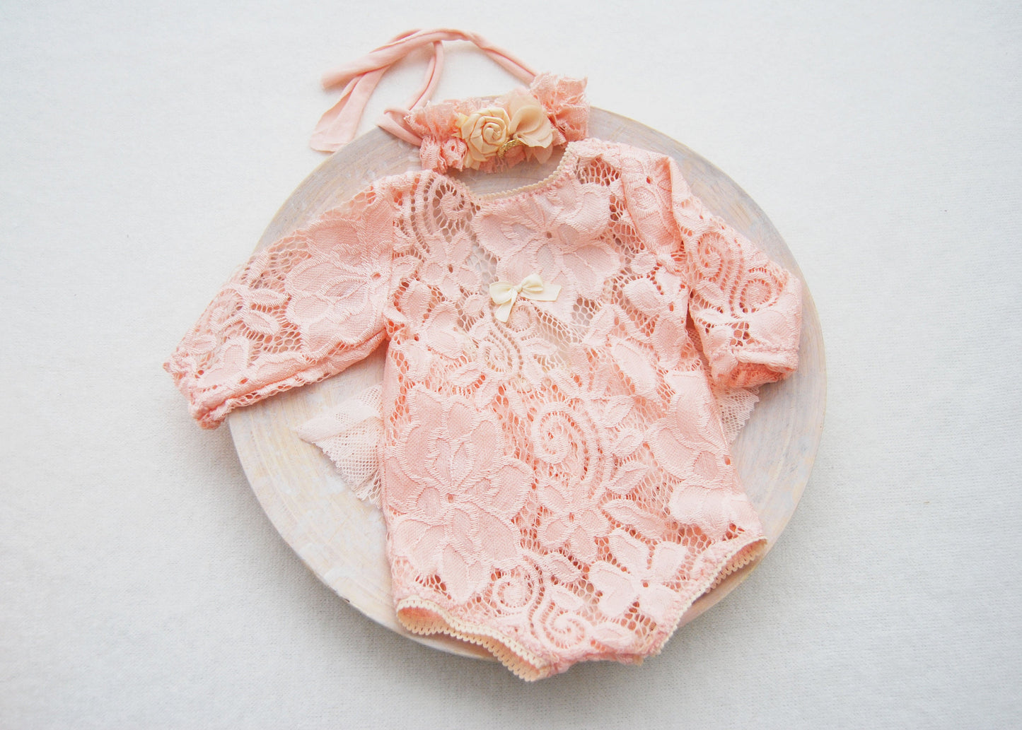 Newborn romper and headband set photo prop - lace baby romper - coral pink