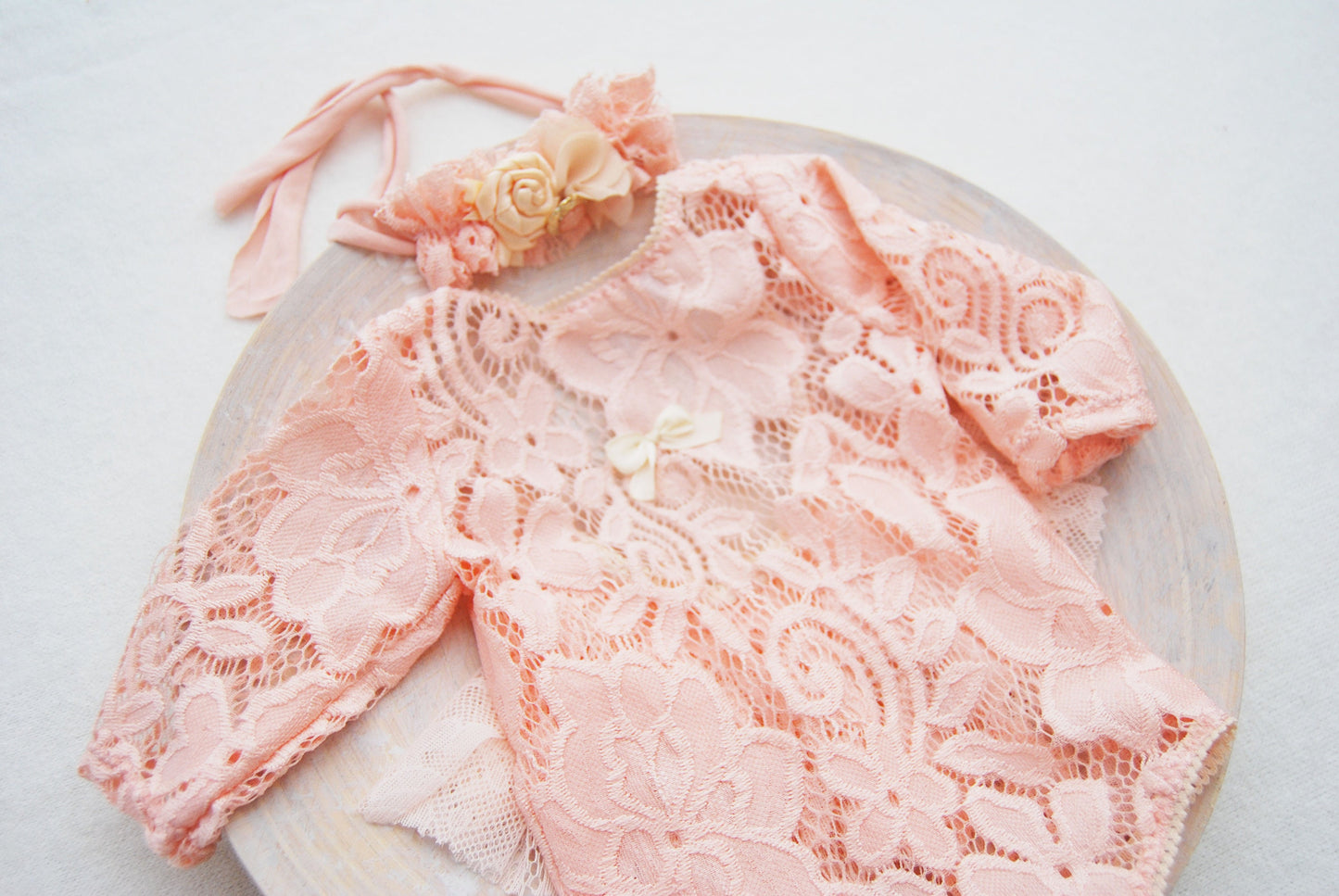 Newborn romper and headband set photo prop - lace baby romper - coral pink