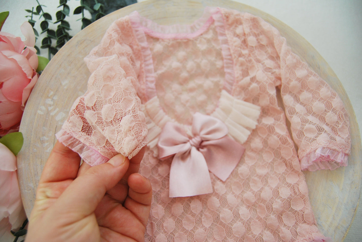 Newborn photo prop, pink newborn romper for first photo shoot, lace baby girl outfit