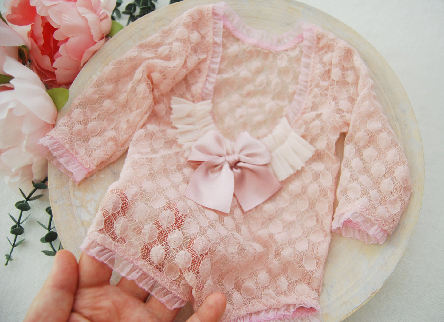 Newborn photo prop, pink newborn romper for first photo shoot, lace baby girl outfit